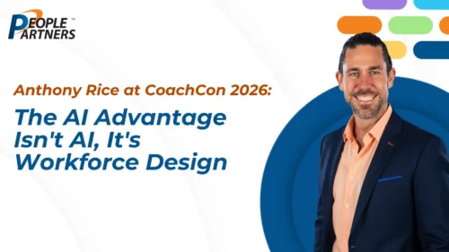 Anthony Rice of PeoplePartners promoting the AI advantage through workforce design at CoachCon 2026.