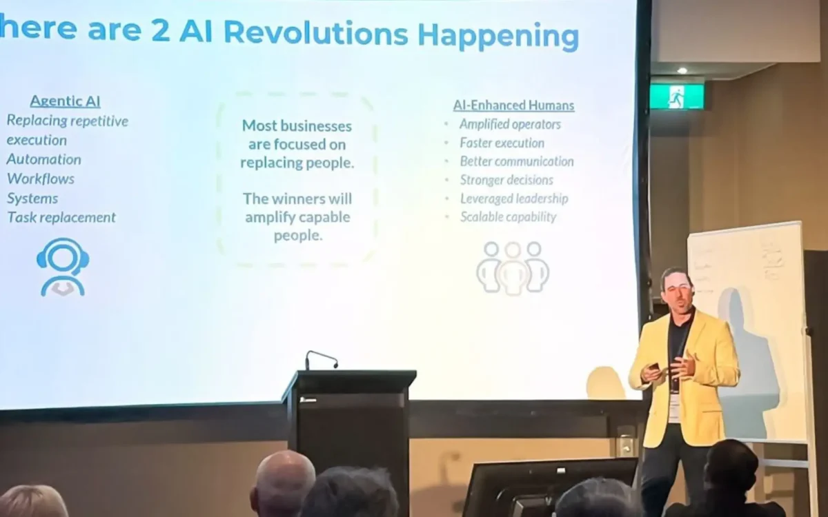 Anthony Rice presenting AI revolutions to audience