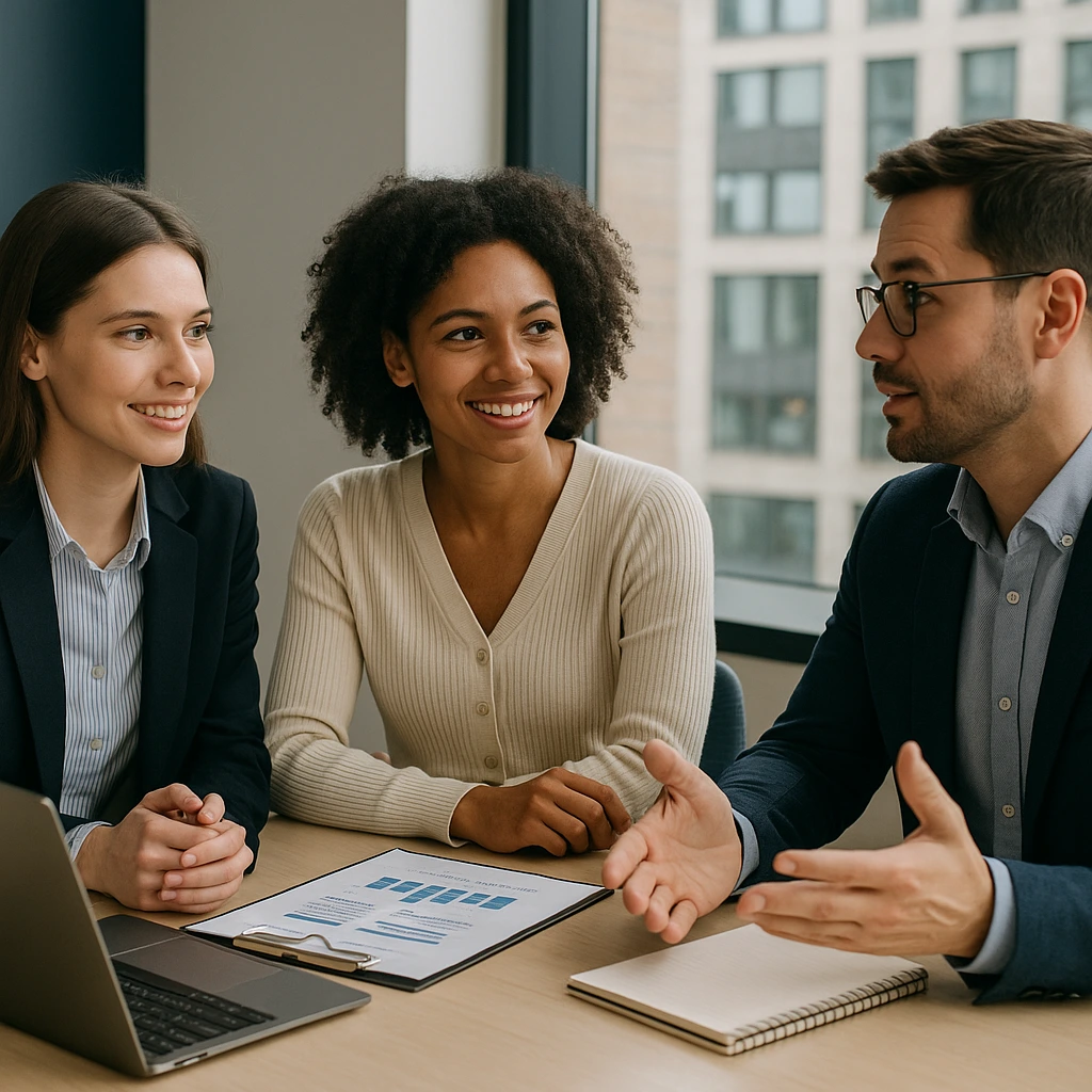 Photo of three people talking